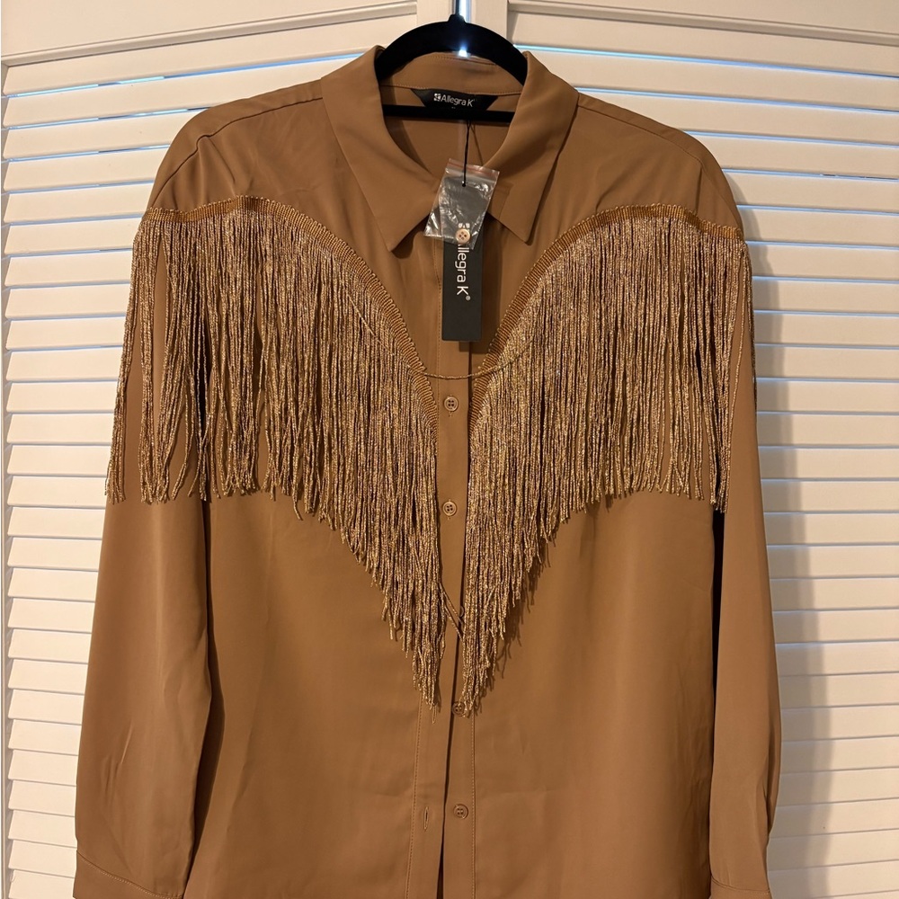 Allegra K Brown Fringe Button-Down Shirt